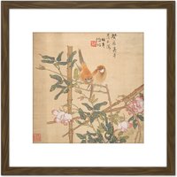 Artery8 Ren Yi Two Birds Perched Rose Bush Painting 8X8 Inch Square Wooden Framed Wall Art Print Picture with Mount in Brown