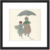 Artery8 Bergh Children Motif Design Umbrella Illustration 8X8 Inch Square Wooden Framed Wall Art Print Picture with Mount in Black