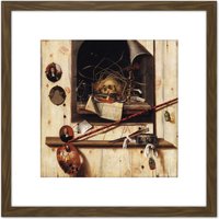 Artery8 Gysbrechts Studio Wall Vanitas Still Life Trompe L'oeil Painting 8X8 Inch Square Wooden Framed Wall Art Print Picture with Mount in Brown
