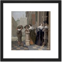 Artery8 Van Delen Conversation Outside Castle Painting 8X8 Inch Square Wooden Framed Wall Art Print Picture with Mount in Black
