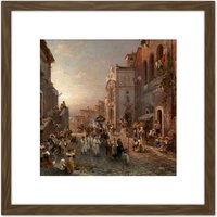 Artery8 Unterberger Procession In Naples Painting 8X8 Inch Square Wooden Framed Wall Art Print Picture with Mount in Brown