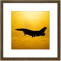 Artery8 Military USA USAF F-16 Fighting Falcon Aircraft Jet Photo 8X8 Inch Square Wooden Framed Wall Art Print Picture with Mount in Brown