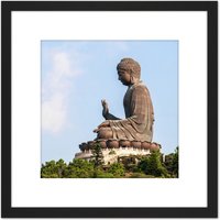 Artery8 Beria L. Rodriguez Tian Tan Buddha Statue Photo 8X8 Inch Square Wooden Framed Wall Art Print Picture with Mount in Black