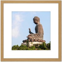 Artery8 Beria L. Rodriguez Tian Tan Buddha Statue Photo 8X8 Inch Square Wooden Framed Wall Art Print Picture with Mount in Light Oak