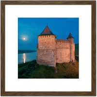 Artery8 Ryshkov Khotyn Fortress Ukraine Full Moon Photo 8X8 Inch Square Wooden Framed Wall Art Print Picture with Mount in Brown