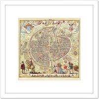 Artery8 Map Rossingol 1576 Paris City Plan Pictorial 8X8 Inch Square Wooden Framed Wall Art Print Picture with Mount in White