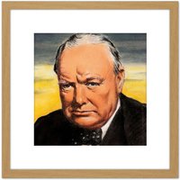Artery8 Timym Portrait UK Prime Minister Winston Churchill Painting 8X8 Inch Square Wooden Framed Wall Art Print Picture with Mount in Light Oak