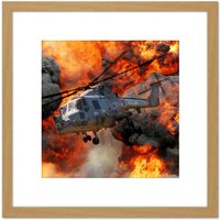 Artery8 Jenkins Military UK Lynx Mk8 Helicopter Fire Smoke Photo 8X8 Inch Square Wooden Framed Wall Art Print Picture with Mount in Light Oak