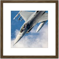 Artery8 Military USA USAF F-16 Fighting Falcon Fighter Jet Photo 8X8 Inch Square Wooden Framed Wall Art Print Picture with Mount in Brown