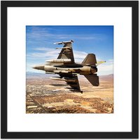 Artery8 Bloker Military USA F-16 Fighter Jet Over Las Vegas 8X8 Inch Square Wooden Framed Wall Art Print Picture with Mount in Black