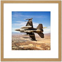 Artery8 Bloker Military USA F-16 Fighter Jet Over Las Vegas 8X8 Inch Square Wooden Framed Wall Art Print Picture with Mount in Light Oak