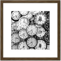 Artery8 Clock Faces Time Black White Photo 8X8 Inch Square Wooden Framed Wall Art Print Picture with Mount in Brown