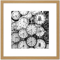 Artery8 Clock Faces Time Black White Photo 8X8 Inch Square Wooden Framed Wall Art Print Picture with Mount in Light Oak