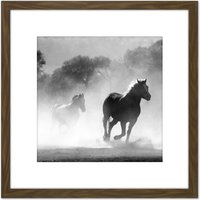 Artery8 Horses Running Mist Black White 8X8 Inch Square Wooden Framed Wall Art Print Picture with Mount in Brown
