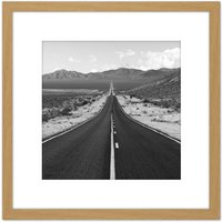 Artery8 Long Straight Road Mountain Landscape 8X8 Inch Square Wooden Framed Wall Art Print Picture with Mount in Light Oak