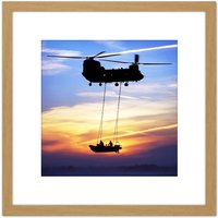 Artery8 Military UK Chinook Helicopter Royal Marines 8X8 Inch Square Wooden Framed Wall Art Print Picture with Mount in Light Oak