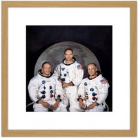 Artery8 Space NASA Apollo 11 Crew Armstrong Collins Aldrin 8X8 Inch Square Wooden Framed Wall Art Print Picture with Mount in Light Oak