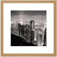 Artery8 Black White Hong Kong City Skyscrapers Photo 8X8 Inch Square Wooden Framed Wall Art Print Picture with Mount in Light Oak