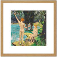Artery8 Hofmann Adam Eve Paradise Painting 8X8 Inch Square Wooden Framed Wall Art Print Picture with Mount in Light Oak