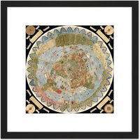 Artery8 Map Monte 1587 Composite World Pictorial Chart 8X8 Inch Square Wooden Framed Wall Art Print Picture with Mount in Black