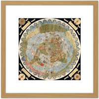 Artery8 Map Monte 1587 Composite World Pictorial Chart 8X8 Inch Square Wooden Framed Wall Art Print Picture with Mount in Light Oak
