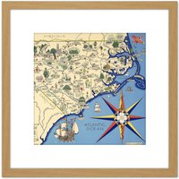 Artery8 Map Pugh 1937 North Carolina Nature Lovers Pictorial 8X8 Inch Square Wooden Framed Wall Art Print Picture with Mount in Light Oak