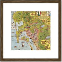 Artery8 Map Mora 1928 City San Diego California Pictorial 8X8 Inch Square Wooden Framed Wall Art Print Picture with Mount in Brown