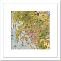 Artery8 Map Mora 1928 City San Diego California Pictorial 8X8 Inch Square Wooden Framed Wall Art Print Picture with Mount in White