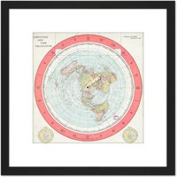 Artery8 Map Gleason 1892 World Time Calculator Flat Earth 8X8 Inch Square Wooden Framed Wall Art Print Picture with Mount in Black