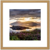 Artery8 Trienke Sunset Loch Linnhe Highland Scotland Photo 8X8 Inch Square Wooden Framed Wall Art Print Picture with Mount in Light Oak