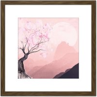 Artery8 Pink Landscape Tree Mountain Illustration 8X8 Inch Square Wooden Framed Wall Art Print Picture with Mount in Brown