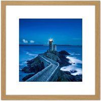 Artery8 Plouzane France Lighthouse Pier Night Photo 8X8 Inch Square Wooden Framed Wall Art Print Picture with Mount in Light Oak