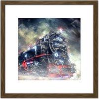 Artery8 Steam Engine Locomotive Train Engine Graphic 8X8 Inch Square Wooden Framed Wall Art Print Picture with Mount in Brown