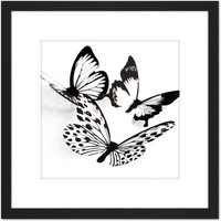 Artery8 Three Black White Butterflies Group Collage Photo 8X8 Inch Square Wooden Framed Wall Art Print Picture with Mount