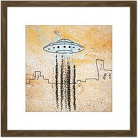 Artery8 UFO Flying Saucer City Abstract Illustration 8X8 Inch Square Wooden Framed Wall Art Print Picture with Mount in Brown