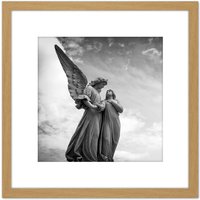 Artery8 Greyscale Angel Statue Cloudy Sky Photo 8X8 Inch Square Wooden Framed Wall Art Print Picture with Mount in Light Oak