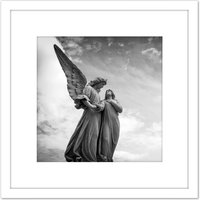 Artery8 Greyscale Angel Statue Cloudy Sky Photo 8X8 Inch Square Wooden Framed Wall Art Print Picture with Mount in White