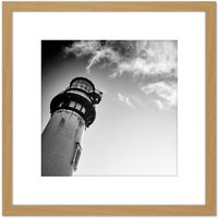 Artery8 Lightshouse Cloudy Sky Black White Photo 8X8 Inch Square Wooden Framed Wall Art Print Picture with Mount in Light Oak