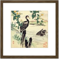 Artery8 Bairei Kacho Gafu Spring Japan Kerria & Cormorants 8X8 Inch Square Wooden Framed Wall Art Print Picture with Mount in Brown