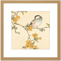 Artery8 Kono Bairei Songbird on Flowering Branch 8X8 Inch Square Wooden Framed Wall Art Print Picture with Mount in Light Oak