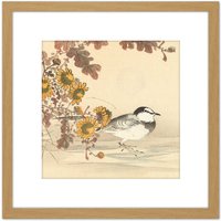 Artery8 Kono Bairei Wagtail Bird Flowers Japan Woodblock 8X8 Inch Square Wooden Framed Wall Art Print Picture with Mount in Light Oak