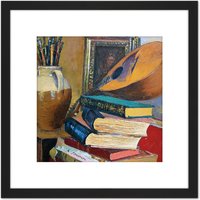 Artery8 Sicurezza Still Life With Books Mandolin Painting 8X8 Inch Square Wooden Framed Wall Art Print Picture with Mount in Black