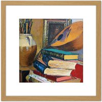 Artery8 Sicurezza Still Life With Books Mandolin Painting 8X8 Inch Square Wooden Framed Wall Art Print Picture with Mount in Light Oak