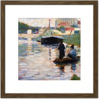 Artery8 Seurat View Of The Seine Painting 8X8 Inch Square Wooden Framed Wall Art Print Picture with Mount in Brown