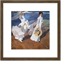 Artery8 Sorolla Strolling Along The Seashore Painting 8X8 Inch Square Wooden Framed Wall Art Print Picture with Mount in Brown