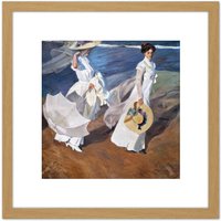 Artery8 Sorolla Strolling Along The Seashore Painting 8X8 Inch Square Wooden Framed Wall Art Print Picture with Mount in Light Oak