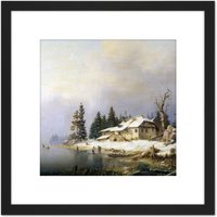 Artery8 Pernhardt Farm On Wintry Lake Painting 8X8 Inch Square Wooden Framed Wall Art Print Picture with Mount in Black
