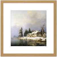Artery8 Pernhardt Farm On Wintry Lake Painting 8X8 Inch Square Wooden Framed Wall Art Print Picture with Mount in Light Oak