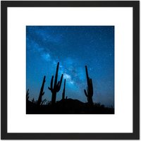 Artery8 BLM Night Sky Sonoran Desert Arizona Cactus Silhouettes 8X8 Inch Square Wooden Framed Wall Art Print Picture with Mount in Black