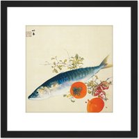 Artery8 Seiho Autumn Fattens Fish Ripens Wild Fruits Japan Painting 8X8 Inch Square Wooden Framed Wall Art Print Picture with Mount in Black